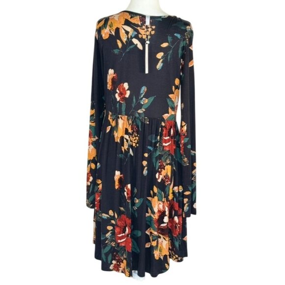 NEW Womens Long Sleeve Print Dress Black Fall Boho Midi Soft Stretchy Casual - Picture 3 of 7